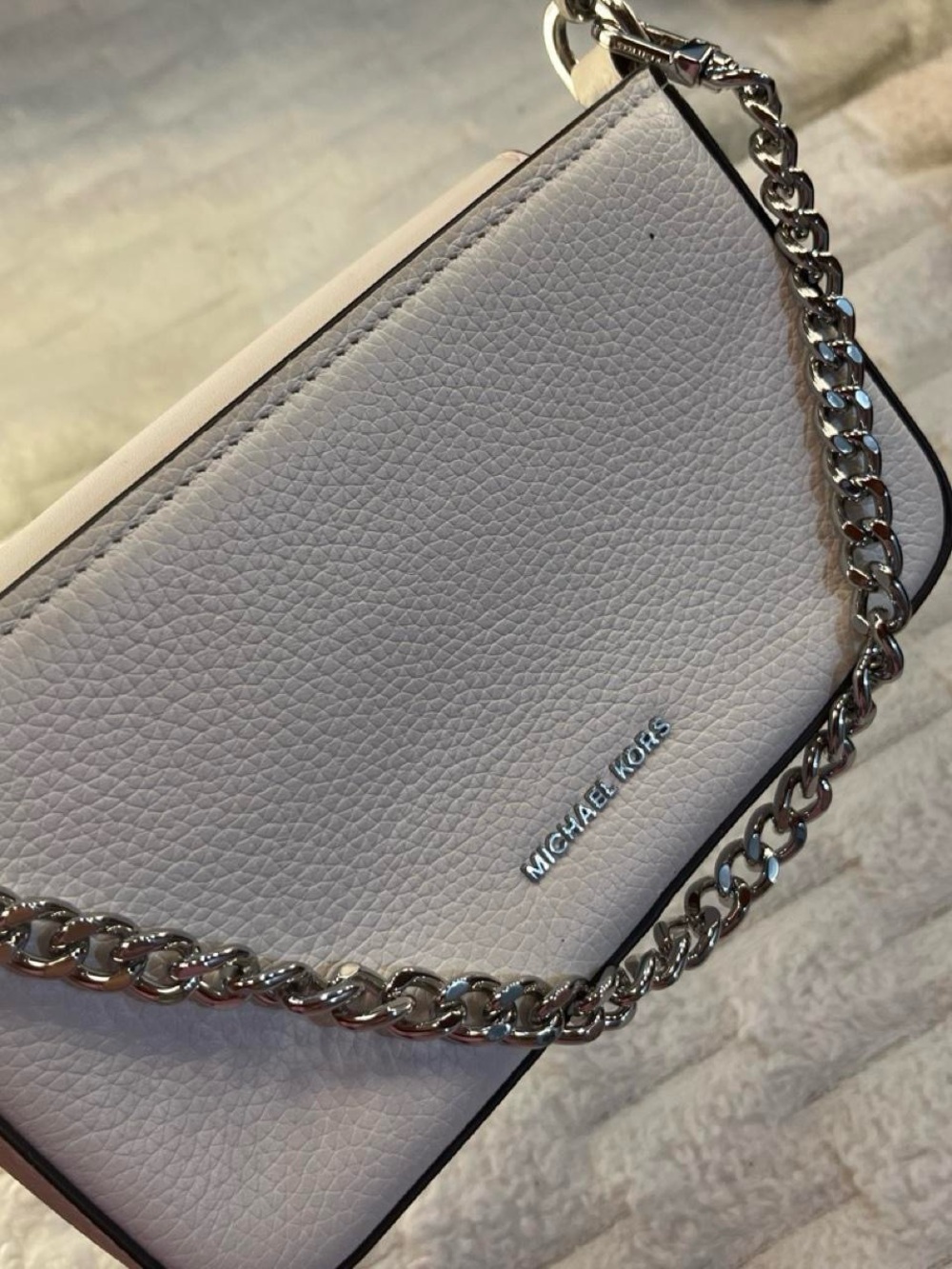 Michael Kors Pebbled Leather Crossbody in Pale Pink with Silver Chain